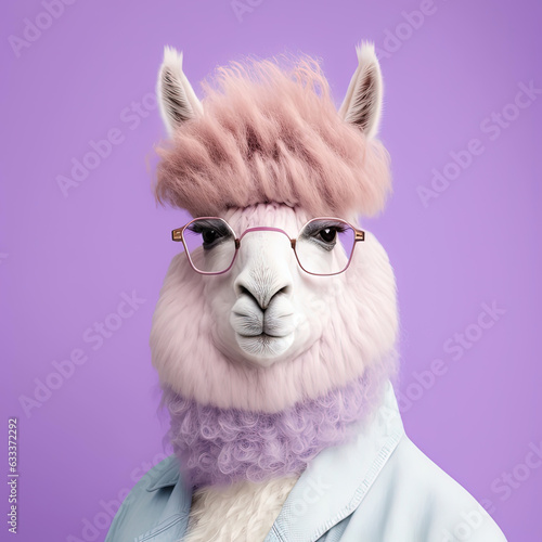 Fashion alpaca on lavender background, cotton candycore trend photo