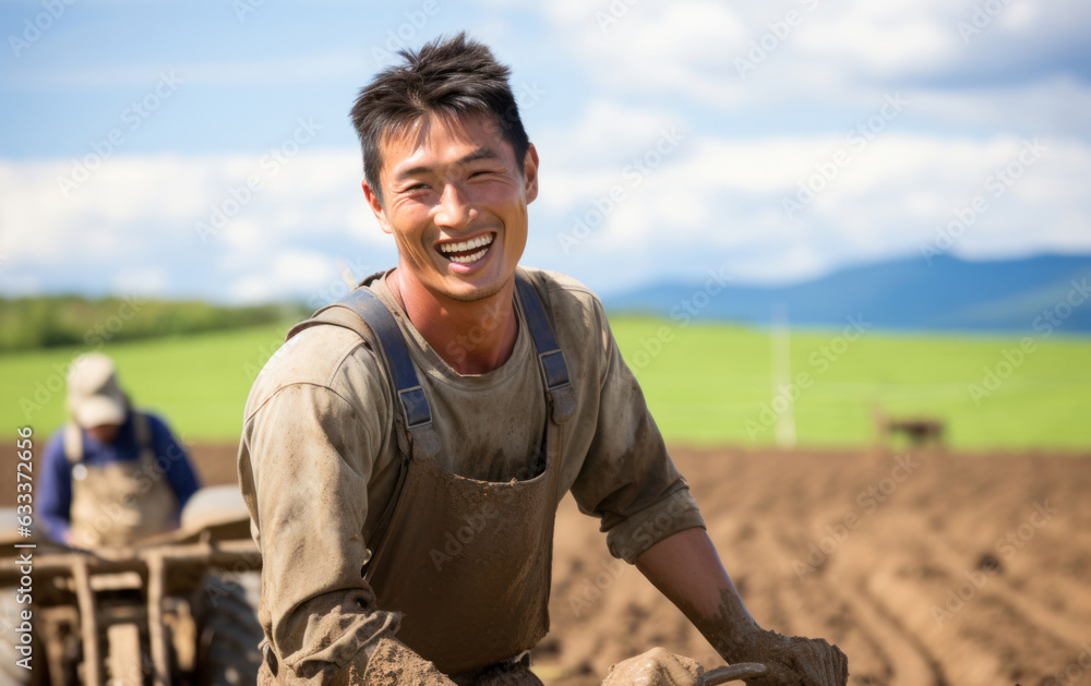 Japanese agriculture and landscape. land and fields. young man, cultivator,Generative AI