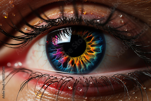 Stunning female eye with beautiful rainbow pupil. Closeup of a girl with contact lens and unusual pupil with iris color. healthy vision or eyesight with optometry treatment concept. Generative AI