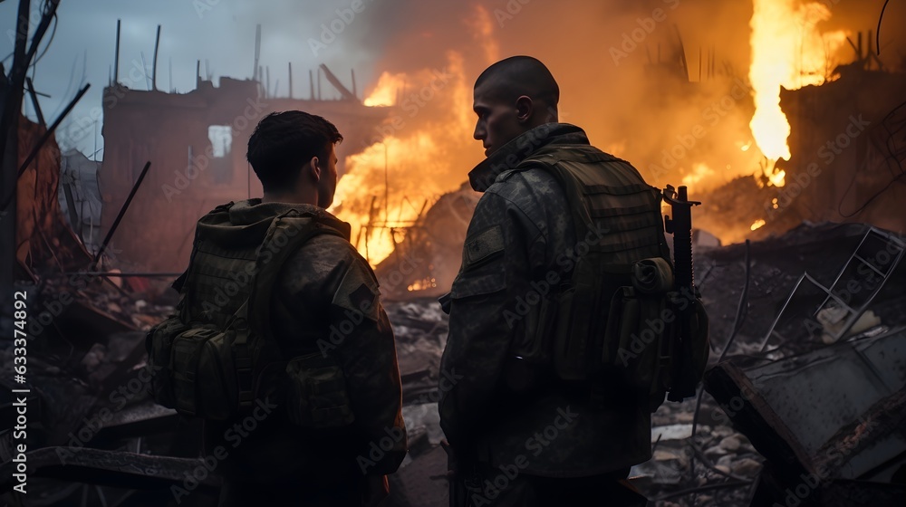 soldiers in a burning ruined city