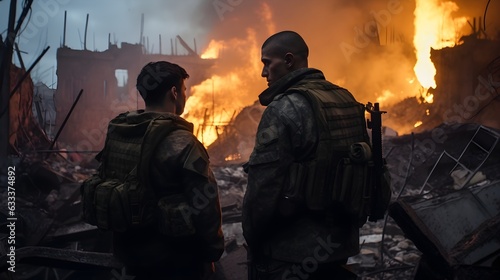 soldiers in a burning ruined city