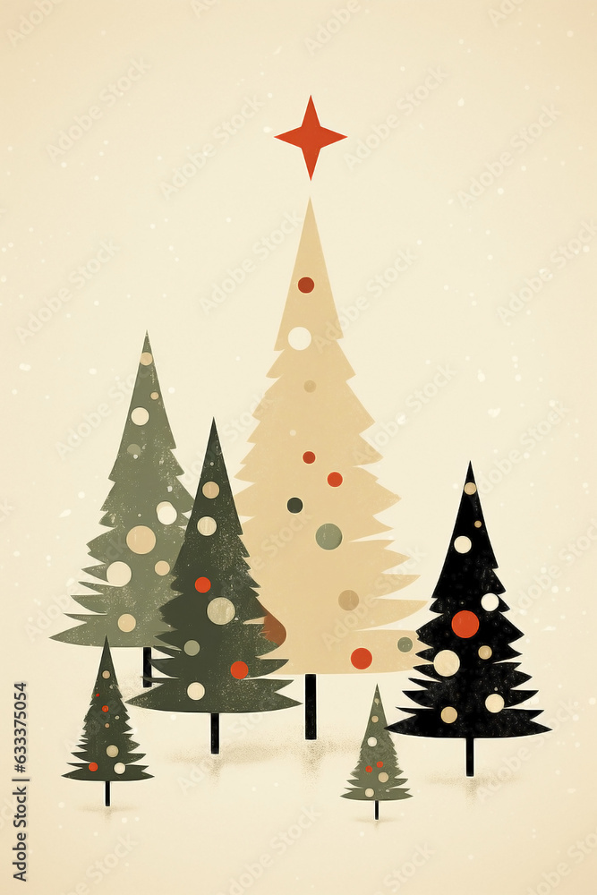 Christmas tree minimal design in vintage style. Postcard to congratulate the festive period of the winter holidays. New Year holidays concept with stars and shiny decorations.