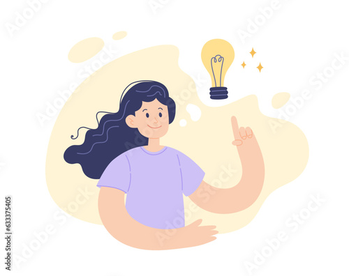 New idea light bulb concept. Young positive woman with lamp above her head. Innovation, solution vector illustration in minimalist style