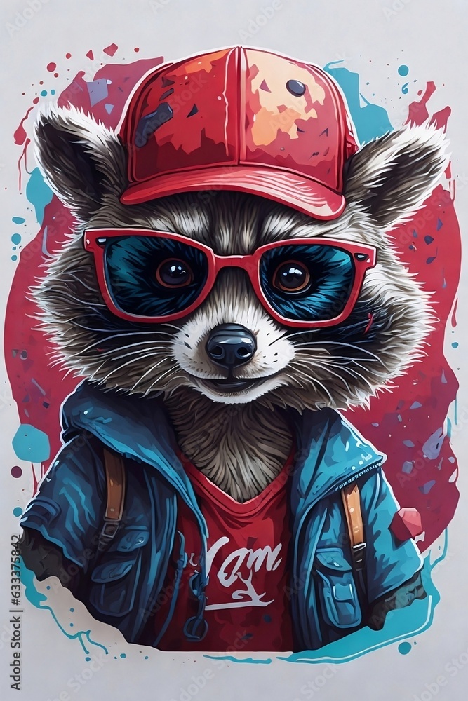 Vivid Winking Raccoon Sticker: Cute Fantasy Art with Glasses & Cap | T ...