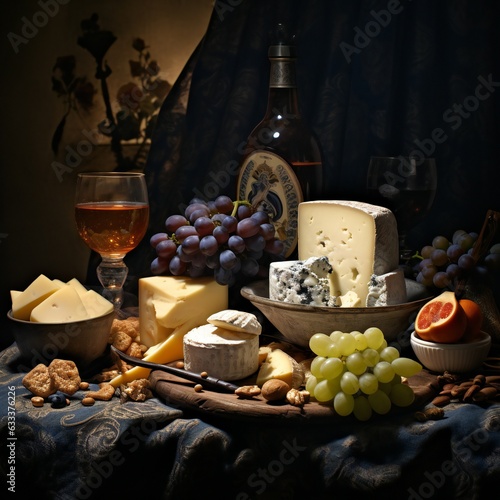 Set of hard cheeses with dried nuts, and fruits on a wooden board.