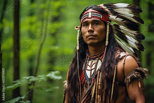 Native american indian with tribal headdress in forest. Close-up portrait.