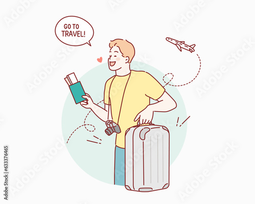 Happy male in casual walking with the travel bag, holding passport and tickets. Hand drawn style vector design illustrations.