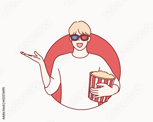 happy excited man in 3d glasses watch movie film, hold bucket of popcorn cup. Hand drawn style vector design illustrations.
