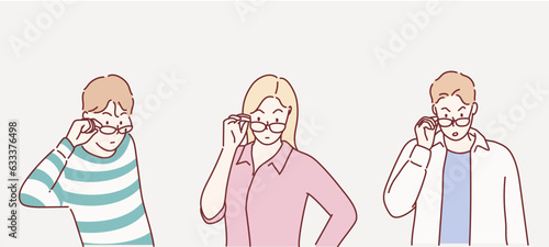people wearing glasses skeptic and nervous, frowning upset because of problem. Hand drawn style vector design illustrations.