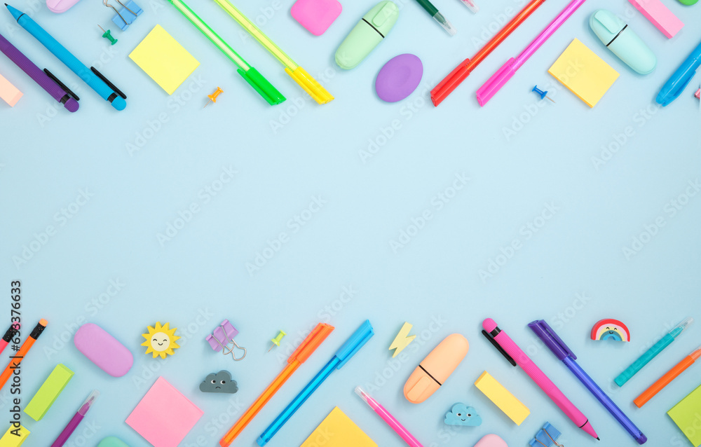 Frame of colorful school and office stationery set whith weather erasers on light blue background. Flatly.