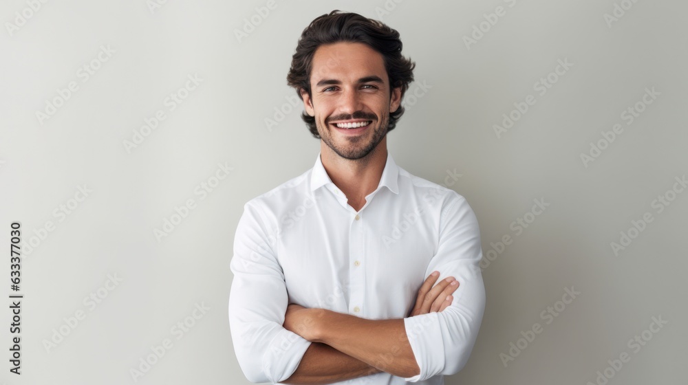 Confident handsome man with arms crossed over body smiling and looking determined. Confident handsome man with arms crossed over body smiling and looking determined.