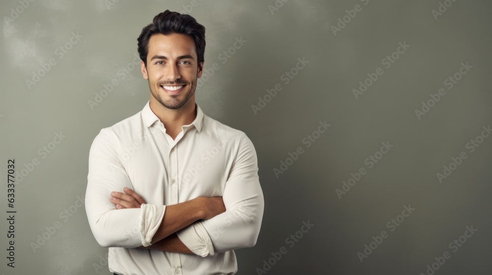 Confident handsome man with arms crossed over body smiling and looking determined. Confident handsome man with arms crossed over body smiling and looking determined.