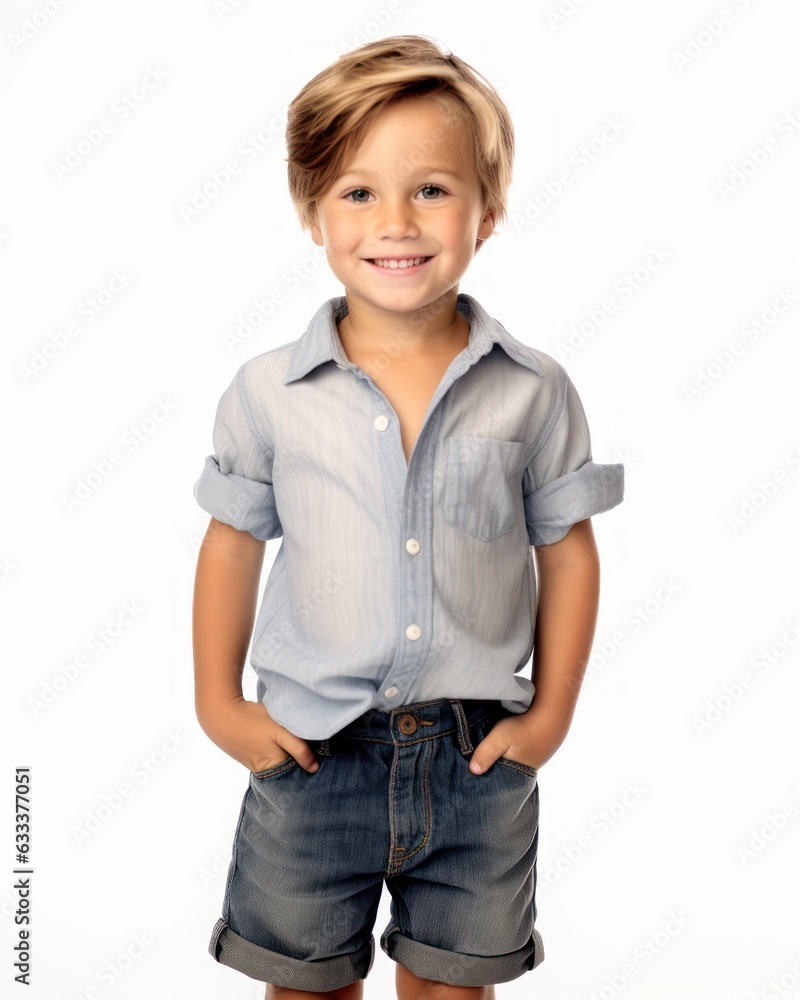 Fototapeta premium Little pretty boy smiling model posing at camera in bright studio