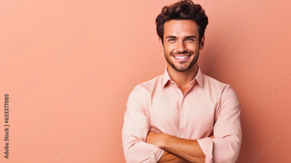 Confident handsome man with arms crossed over body smiling and looking determined. Confident handsome man with arms crossed over body smiling and looking determined.