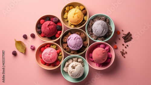 Set of bowls with various colorful Ice Cream and fresh ingredients on pink background. Generative AI
