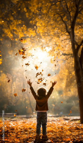 Child throwing autumn leaves into the air in a park on a sunny day. Concept of the Fall season and joy. Shallow field of view.