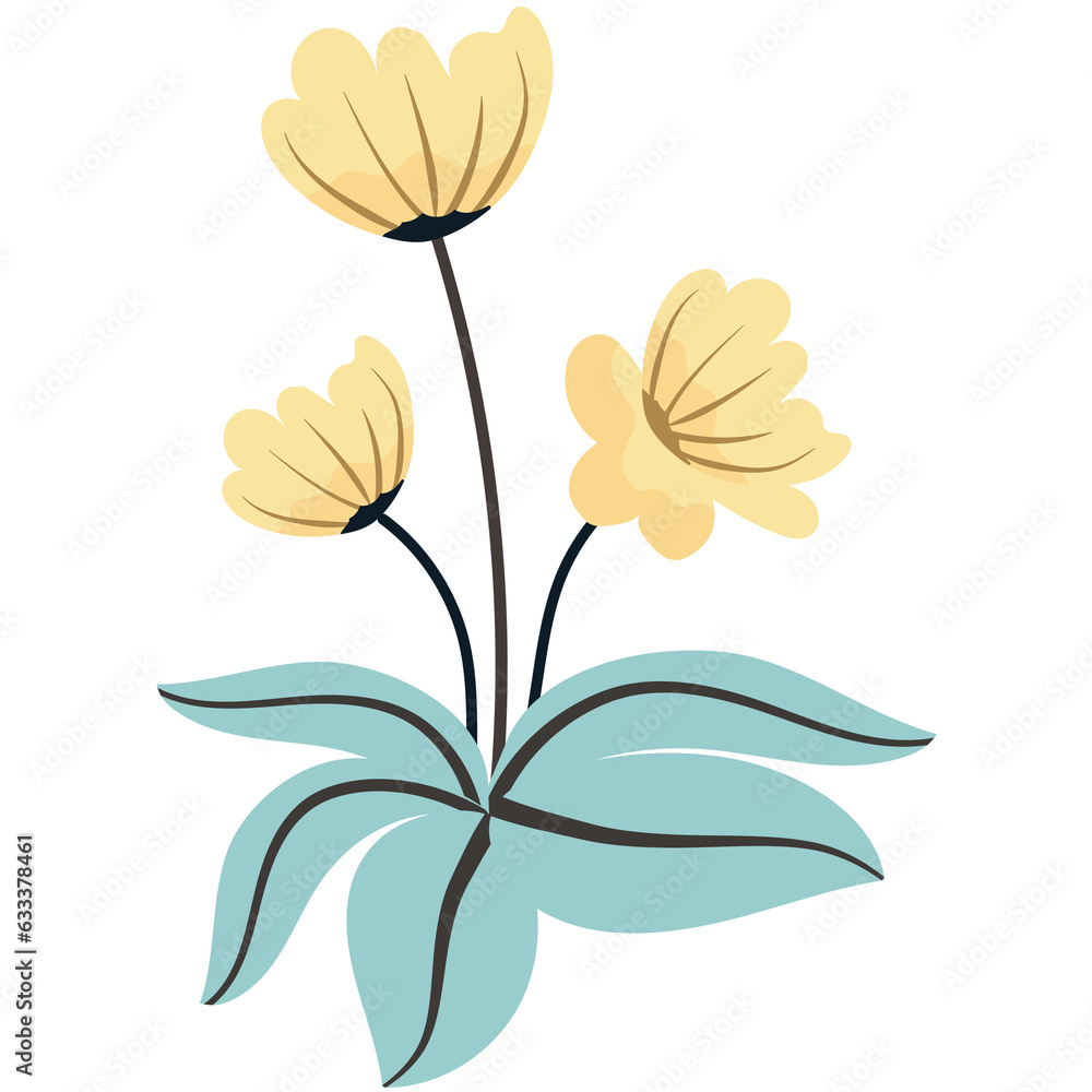 Set of colorful flowers in a flat style.Spring botanical illustration with blooming flowers and leaves. Set of colorful flowers in a flat style.Spring botanical illustration with blooming flowers and leaves.