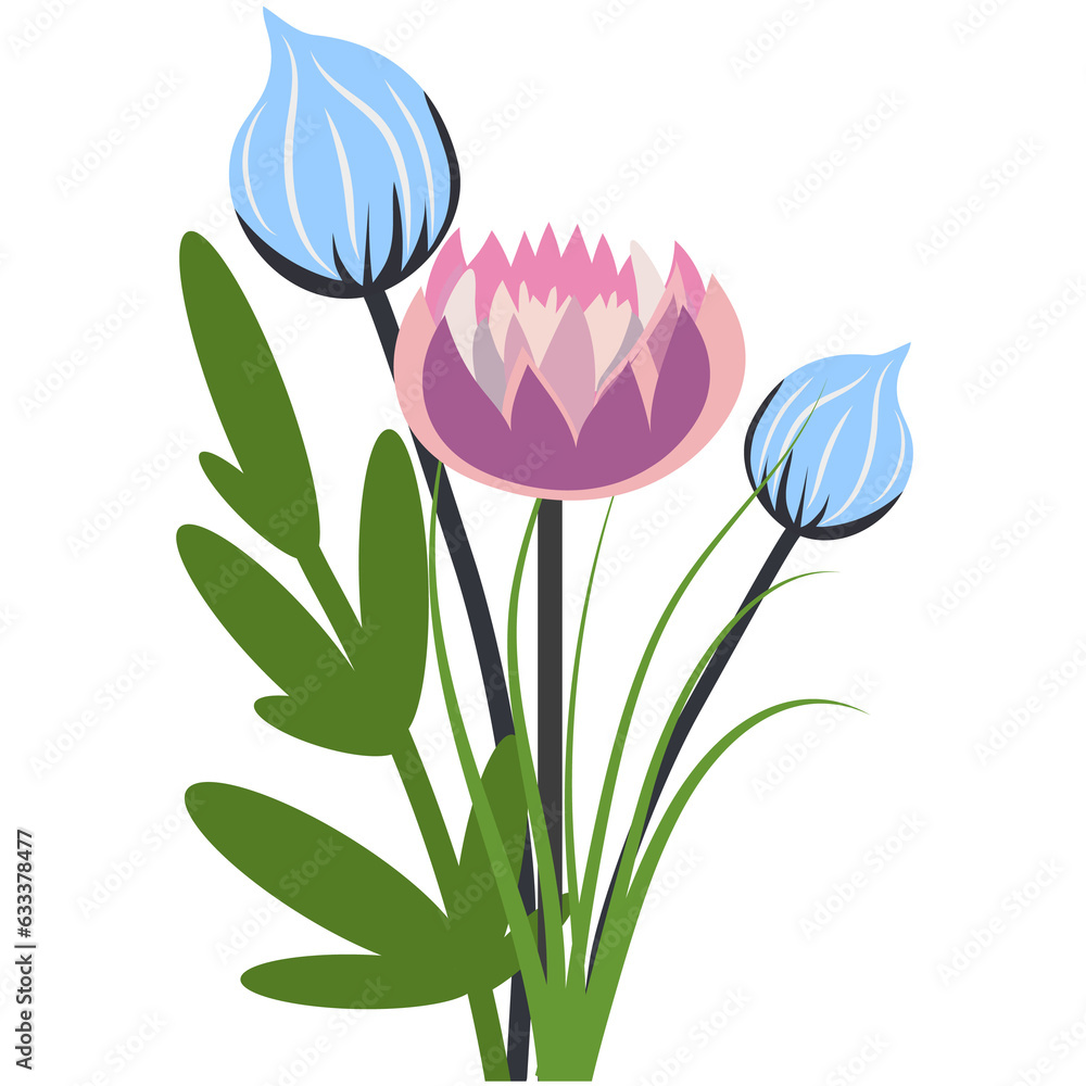 Set of colorful flowers in a flat style.Spring botanical illustration with blooming flowers and leaves. Set of colorful flowers in a flat style.Spring botanical illustration with blooming flowers and leaves.