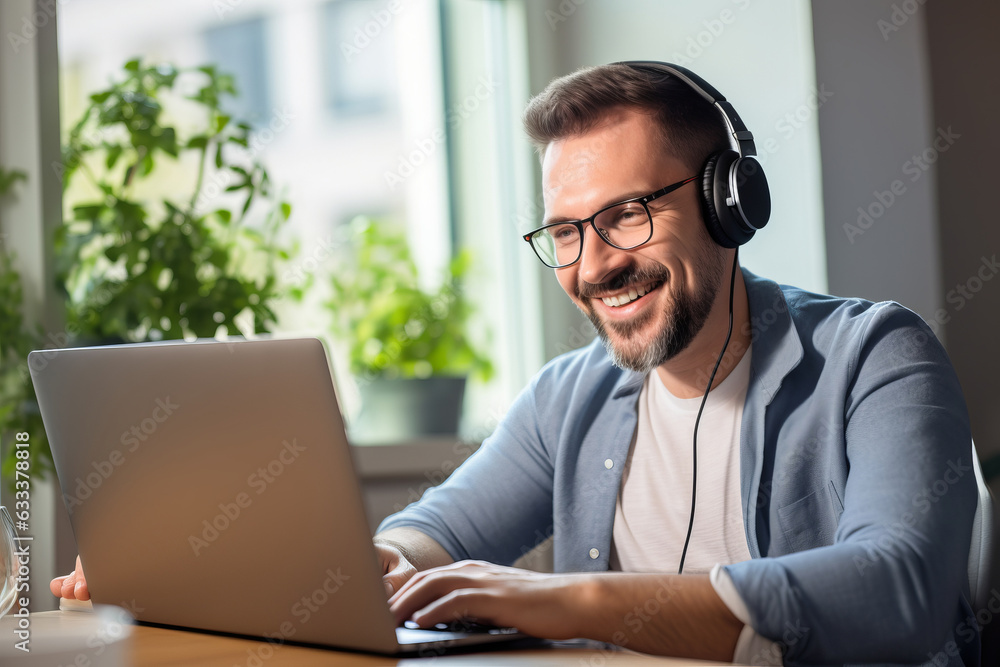Man having discussion or web conference chat. Work or study from home, freelance, online video conferencing, e-learning, web chat meeting, distance education. Man having discussion or web conference chat. Work or study from home, freelance, online video conferencing, e-learning, web chat meeting, distance education.