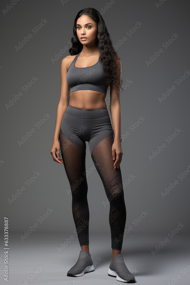 advertising shot of black nylon tights with dots on a model in the studio on a gray background. advertising shot of black nylon tights with dots on a model in the studio on a gray background.