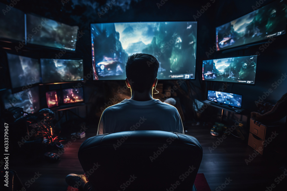 Concept of gaming addiction, featuring back view of a boy sitting in a dark room, lit by the glow of a screen. Capturing immersive nature of excessive gaming and its potential risks. Concept of gaming addiction, featuring back view of a boy sitting in a dark room, lit by the glow of a screen. Capturing immersive nature of excessive gaming and its potential risks.