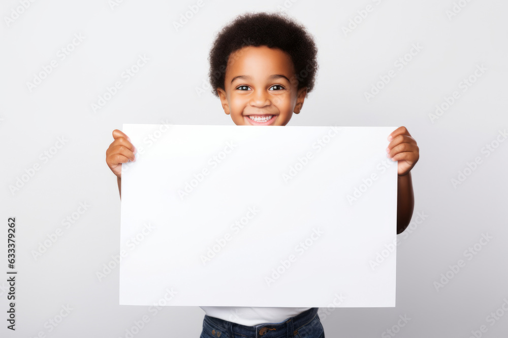 Happy black scholl boy holding blank white banner sign, isolated studio portrait. Happy black scholl boy holding blank white banner sign, isolated studio portrait.