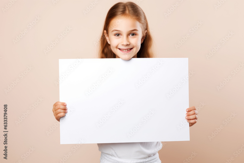 Happy Scholl girl holding blank white banner sign, isolated studio portrait. Happy Scholl girl holding blank white banner sign, isolated studio portrait.