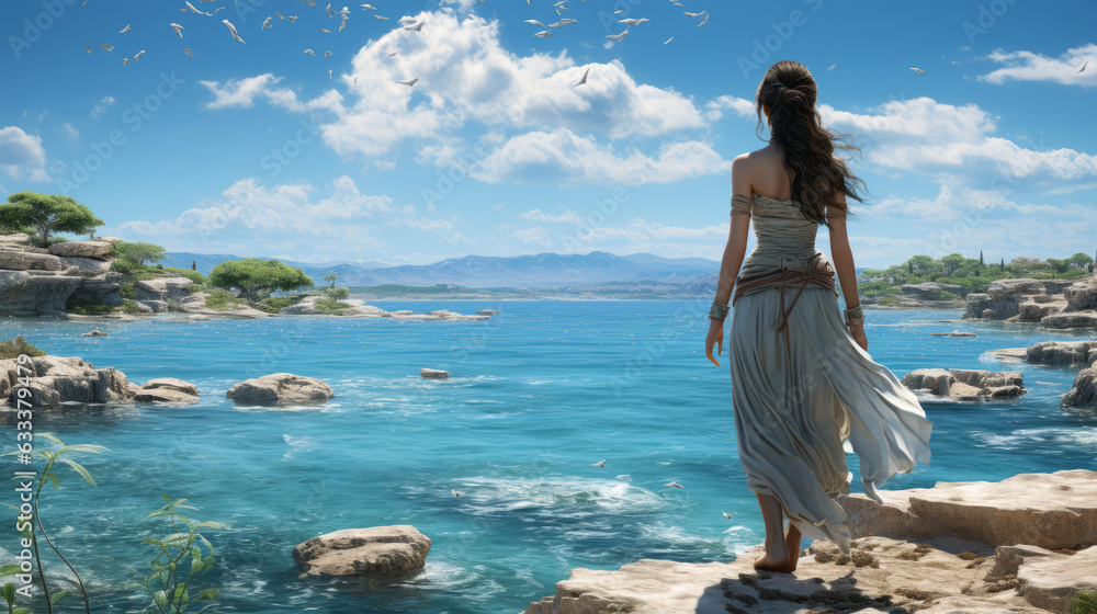 Greek goddess standing majestically against the backdrop of a blue sea and a blue sky. Greek goddess standing majestically against the backdrop of a blue sea and a blue sky.