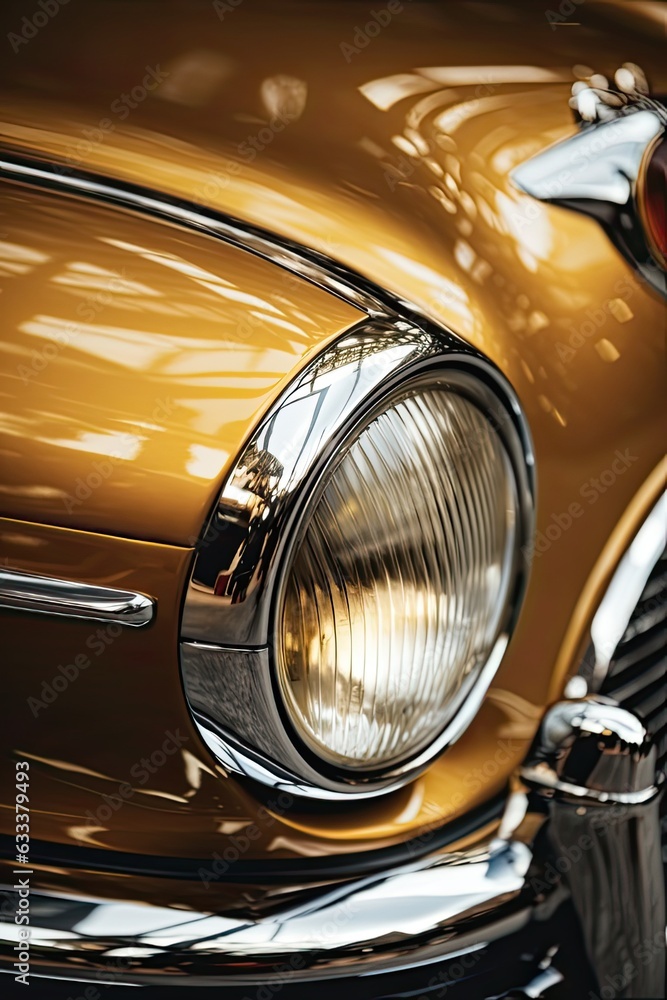 Closeup of Gold Car Headlamp in Matte Finish. Vertical Shot of Antique Automobile Light: Generative AI