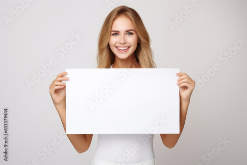 Happy young woman holding blank white banner sign, isolated studio portrait .