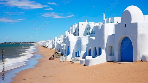 Beautiful Landscape of Casapueblo Punta del Este Beach Hotel in Uruguay with Blue Ocean Water - Ideal for Holidays and Landmark Visits: Generative AI photo