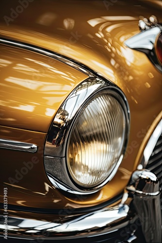 Closeup of Gold Car Headlamp in Matte Finish. Vertical Shot of Antique Automobile Light: Generative AI © AIGen