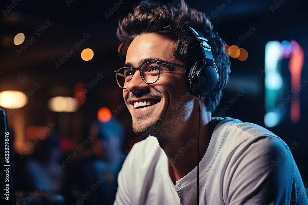 Positive emotions. Man in glasses is sitting by the laptop in dark room with neon lighting. Positive emotions. Man in glasses is sitting by the laptop in dark room with neon lighting.