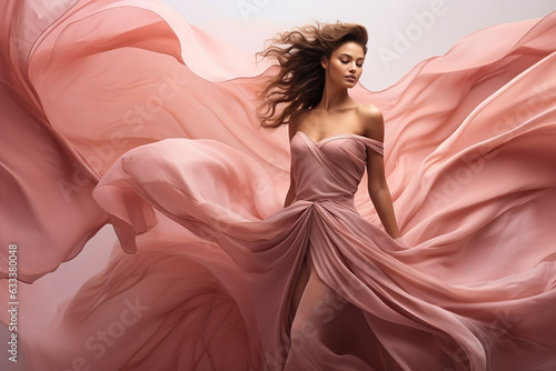 Fototapete Woman in pink waving dress with flying fabric.