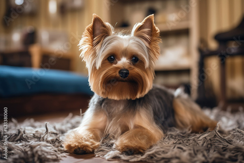 Yorkshire terrier with wool lying around him. © wolfhound911