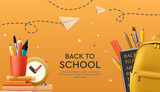 School banner. Yellow backpack and stationery, stack of books with alarm clock, paper airplanes, tablet. Back to school template, education concept, sale web banner