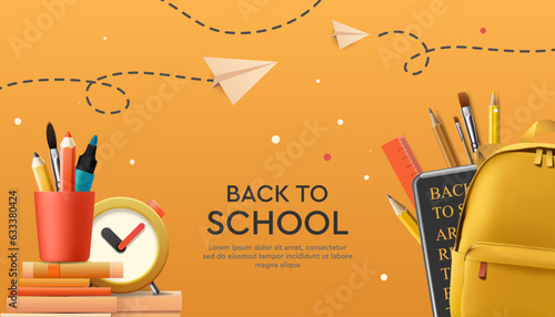 School banner. Yellow backpack and stationery, stack of books with alarm clock, paper airplanes, tablet. Back to school template, education concept, sale web banner