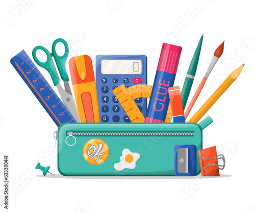 School pencil case with various stationery such as pens, scissors, ruler, calculator, glue. Back to school. Pencil box isolated on white background. Great for design banner, poster, social media, web