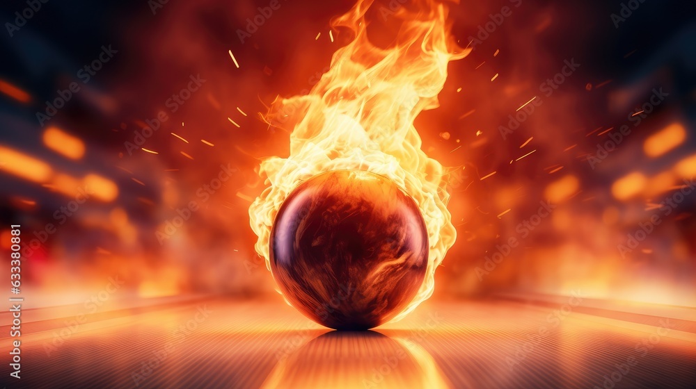 A burning bowling ball rolling towards the pins - obrazy, fototapety, plakaty 