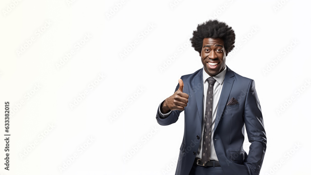 Successful Afro-american businessman in formal suit wear showing thumb up isolated on white background. Successful Afro-american businessman in formal suit wear showing thumb up isolated on white background.