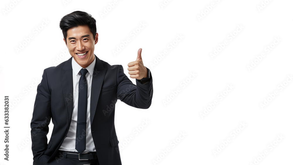 Successful asian businessman in formal suit wear showing thumb up isolated on white background. Successful asian businessman in formal suit wear showing thumb up isolated on white background.