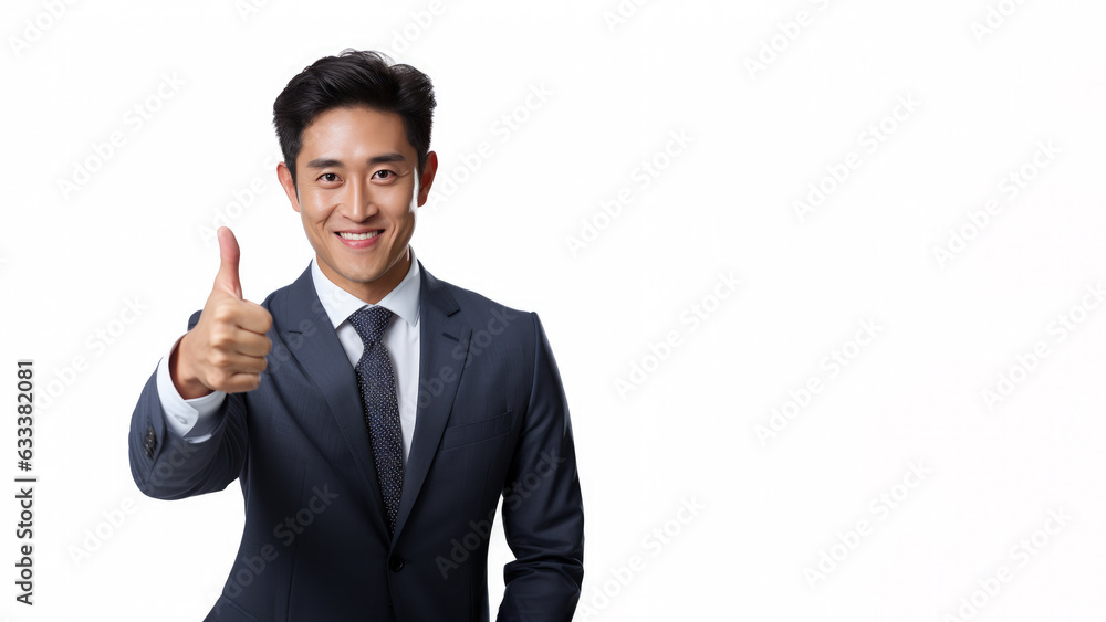 Successful asian businessman in formal suit wear showing thumb up isolated on white background. Successful asian businessman in formal suit wear showing thumb up isolated on white background.