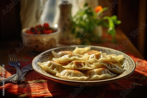 Pierogi served on a traditional Polish tablecloth, captured with a warm-toned filter for nostalgia. Generative AI