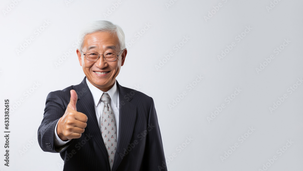 Successful senior asian businessman in formal suit wear showing thumb up isolated Successful senior asian businessman in formal suit wear showing thumb up isolated