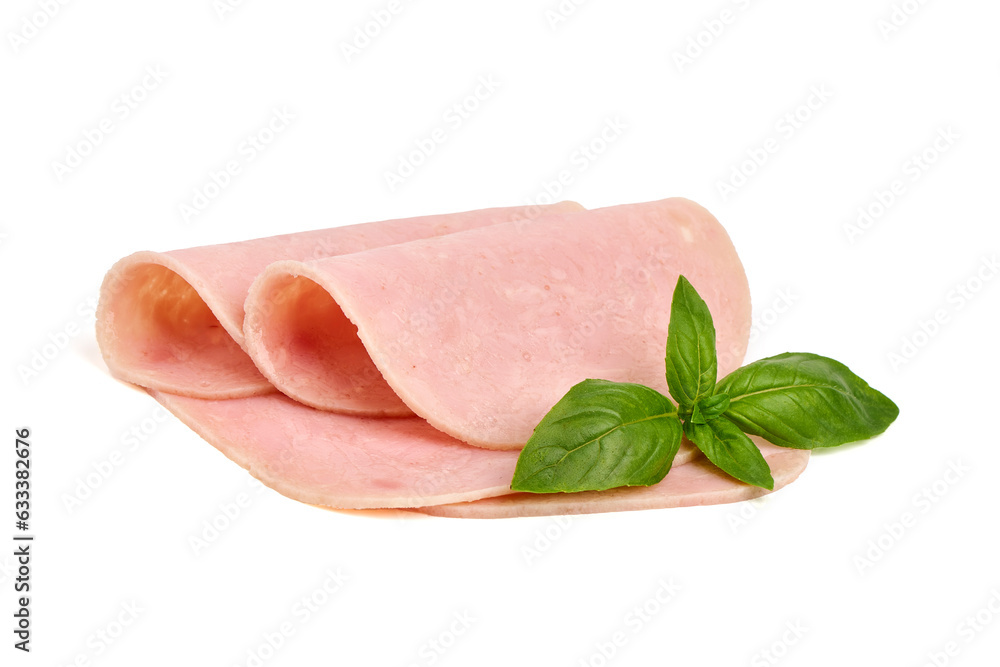 Thinly Sliced Ham, boiled sausage, isolated on white background. Thinly Sliced Ham, boiled sausage, isolated on white background.