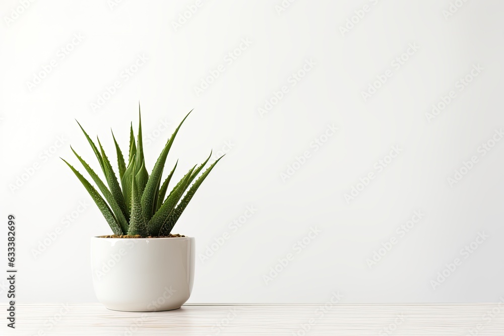 An aloe vera plant in a pot is placed on a white table, seen from the front. The image provides ample space for adding text or incorporating a mockup. An aloe vera plant in a pot is placed on a white table, seen from the front. The image provides ample space for adding text or incorporating a mockup.
