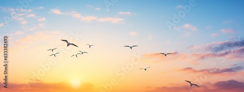 abstract beautiful peaceful summer morning sky background, sunrise new day and flying flock of birds © Eli Berr