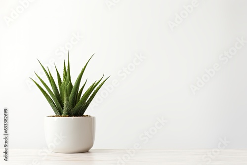 An aloe vera plant in a pot is placed on a white table, seen from the front. The image provides ample space for adding text or incorporating a mockup.
