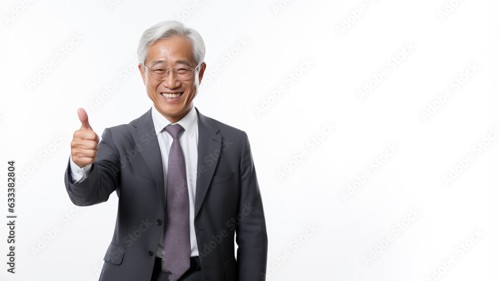 Successful senior asian businessman in formal suit wear showing thumb up isolated Successful senior asian businessman in formal suit wear showing thumb up isolated