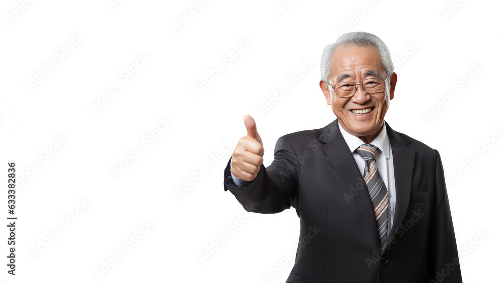 Successful senior asian businessman in formal suit wear showing thumb up isolated Successful senior asian businessman in formal suit wear showing thumb up isolated